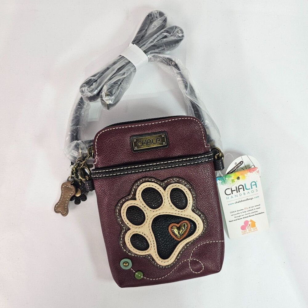 Chala Paw Print Crossbody Phone Bag Maroon NWT Vegan Dog Lover Purse - Picture 2 of 12